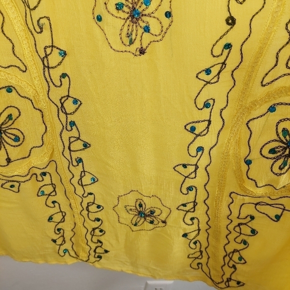 Sunflower Yellow Sleeveless Gauze Maxi Dress Free Size Floral Embroidered Sequin - Picture 7 of 13